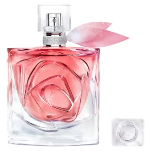 Alt text: "Frasco rosa la vie est belle rose lancome 50ml con pétalos, perfume floral femenino elegante y duradero