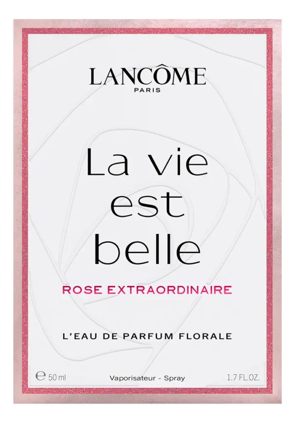 Perfume la vie est belle rose lancome en uso, proyección floral femenina