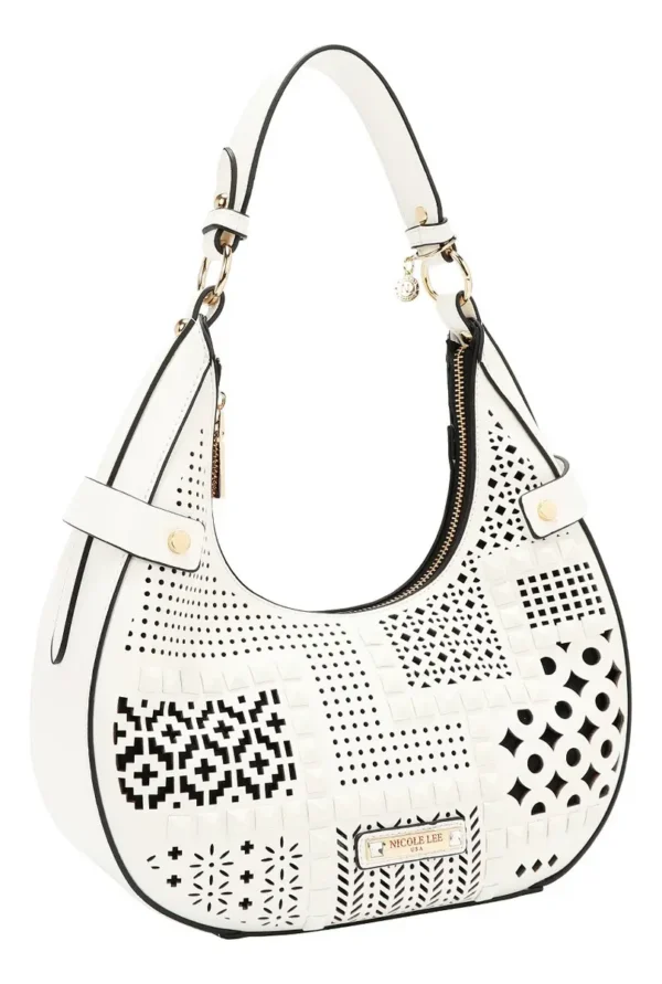 Bolsa hobo Nicole Lee blanca con diseño geométrico corte láser