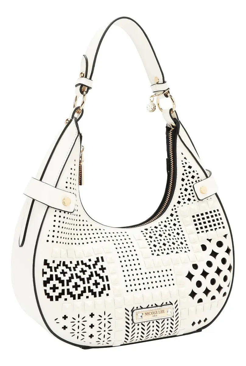Bolsa hobo Nicole Lee blanca con diseño geométrico corte láser