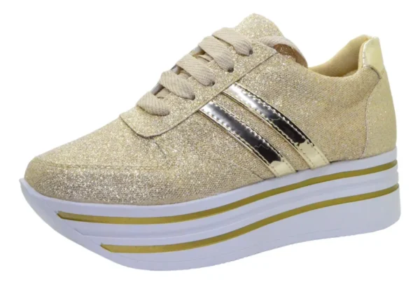 Tenis De Plataforma Alta Para Dama Glitter Dorados Brillos