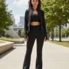 Conjunto deportivo mujer negro de 3 piezas: leggings, crop top y abrigo para gym y correr