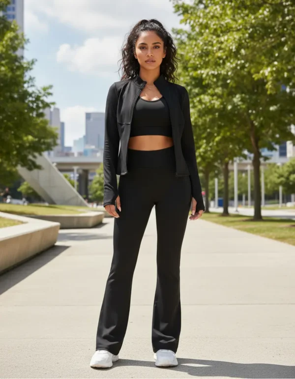 Conjunto deportivo mujer negro de 3 piezas: leggings, crop top y abrigo para gym y correr