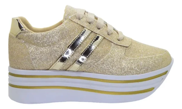 Tenis De Plataforma Alta Para Dama Glitter Dorados Brillos