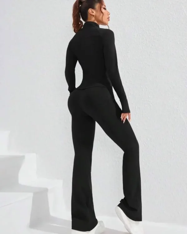 Conjunto deportivo mujer negro de 3 piezas: leggings, crop top y abrigo para gym y correr