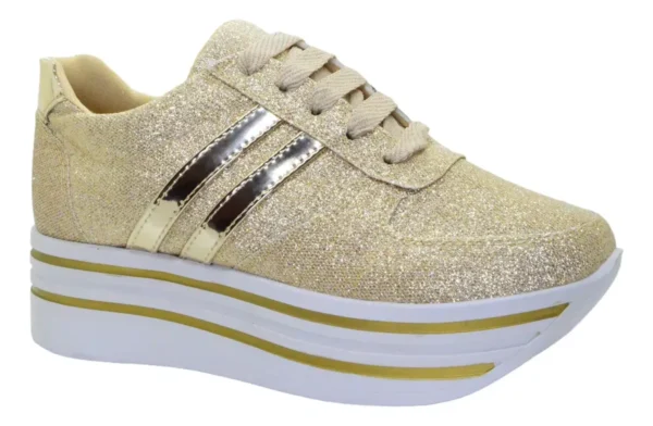 Tenis De Plataforma Alta Para Dama Glitter Dorados Brillos