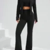 Conjunto deportivo mujer negro de 3 piezas: leggings, crop top y abrigo para gym y correr