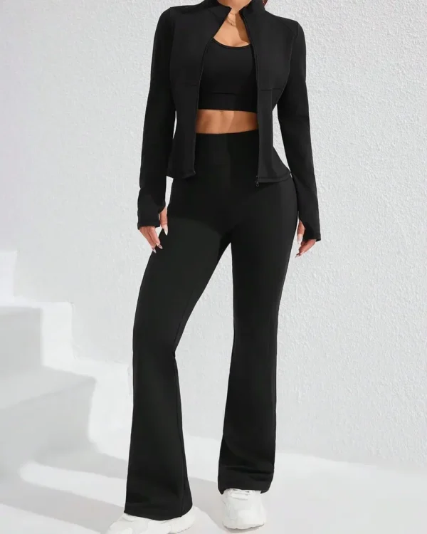 Conjunto deportivo mujer negro de 3 piezas: leggings, crop top y abrigo para gym y correr