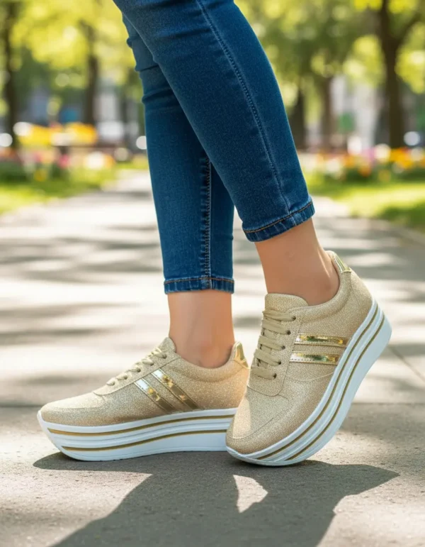 Tenis De Plataforma Alta Para Dama Glitter Dorados Brillos