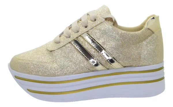Tenis De Plataforma Alta Para Dama Glitter Dorados Brillos